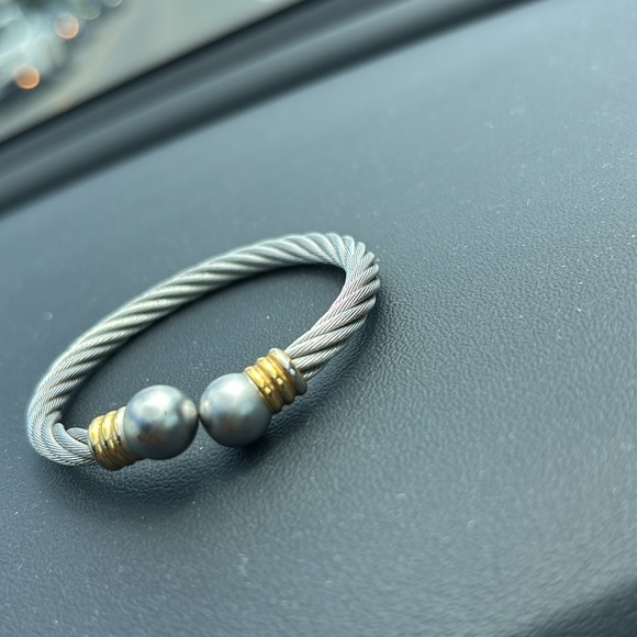 Vintage style grey pearl Twisted Cable  Bangle Bracelet silver gold two tone - Picture 5 of 8